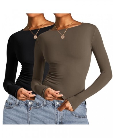 Long Sleeve Crop Tops for Women 2 Pack Fall Going Out Outfits Cute Tight Basic Tees Shirt One Black and One Otter Brown $12.2...