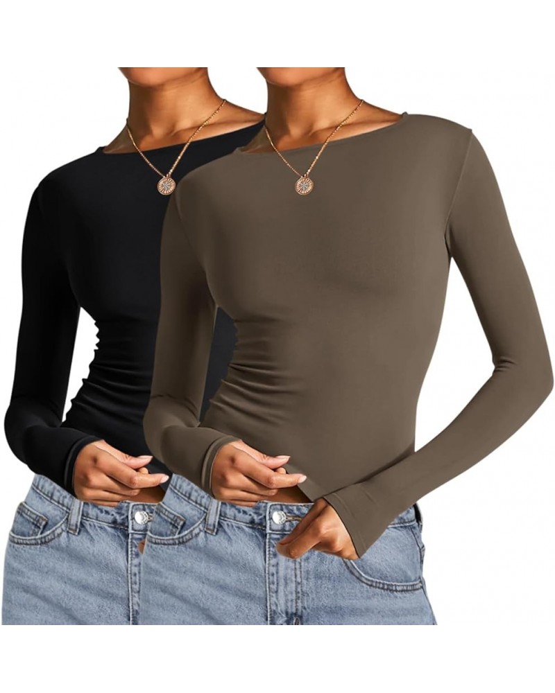 Long Sleeve Crop Tops for Women 2 Pack Fall Going Out Outfits Cute Tight Basic Tees Shirt One Black and One Otter Brown $12.2...