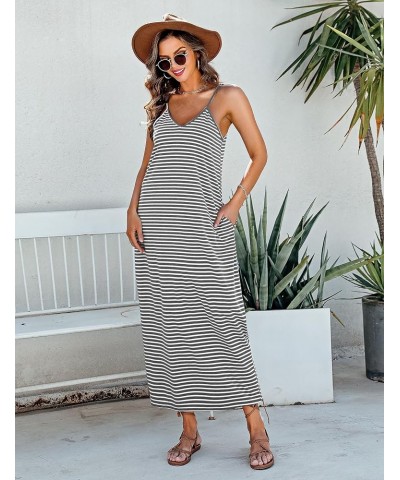 Womens Cotton Long Nightgowns Spaghetti Strap V Neck Full Slip Sleep Shirts with Pockets Striped Grey $11.75 Sleep & Lounge