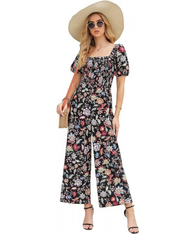 Floral Jumpsuits for Women, casual Loose Romper Short Sleeve Smocked High Waist Wide Leg Pants Outfits Black Colorful Floral ...