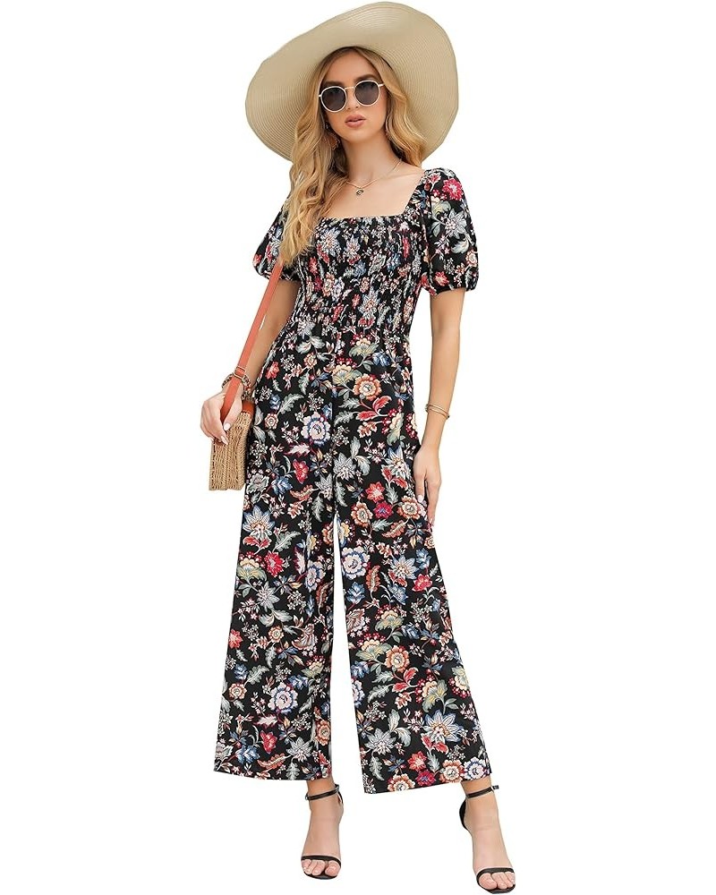 Floral Jumpsuits for Women, casual Loose Romper Short Sleeve Smocked High Waist Wide Leg Pants Outfits Black Colorful Floral ...