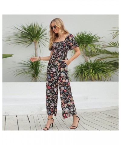 Floral Jumpsuits for Women, casual Loose Romper Short Sleeve Smocked High Waist Wide Leg Pants Outfits Black Colorful Floral ...