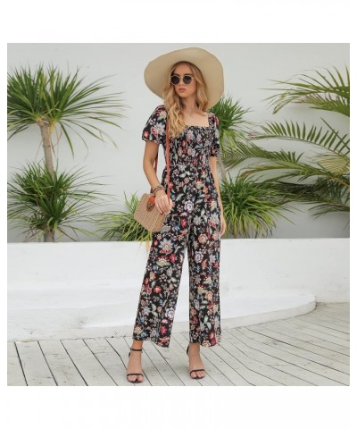 Floral Jumpsuits for Women, casual Loose Romper Short Sleeve Smocked High Waist Wide Leg Pants Outfits Black Colorful Floral ...