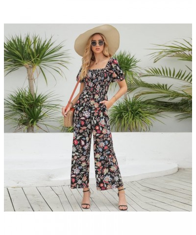 Floral Jumpsuits for Women, casual Loose Romper Short Sleeve Smocked High Waist Wide Leg Pants Outfits Black Colorful Floral ...