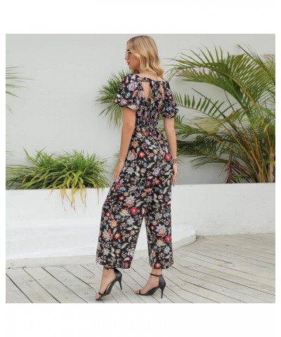 Floral Jumpsuits for Women, casual Loose Romper Short Sleeve Smocked High Waist Wide Leg Pants Outfits Black Colorful Floral ...