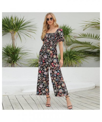 Floral Jumpsuits for Women, casual Loose Romper Short Sleeve Smocked High Waist Wide Leg Pants Outfits Black Colorful Floral ...