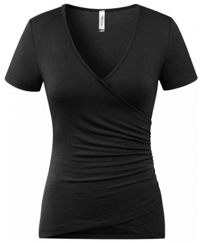 Women's Top Deep V Neck Slim Fitted T-Shirt Front Surplice Wrap Short/Long Sleeve Tees A Short-black $13.24 T-Shirts