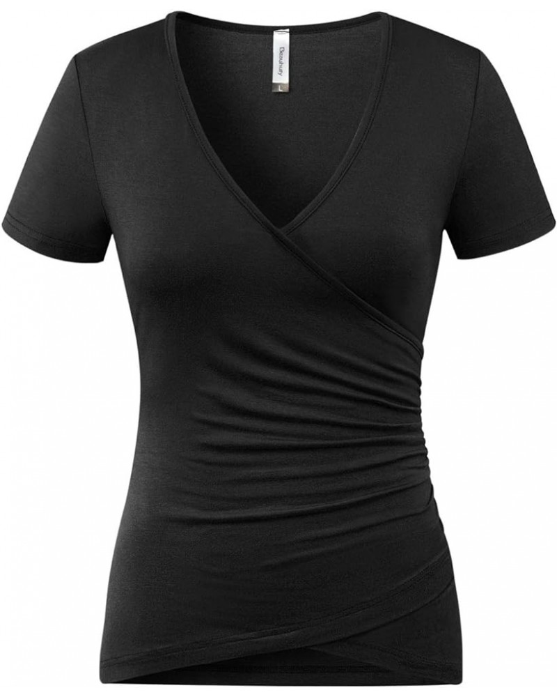 Women's Top Deep V Neck Slim Fitted T-Shirt Front Surplice Wrap Short/Long Sleeve Tees A Short-black $13.24 T-Shirts