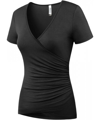 Women's Top Deep V Neck Slim Fitted T-Shirt Front Surplice Wrap Short/Long Sleeve Tees A Short-black $13.24 T-Shirts