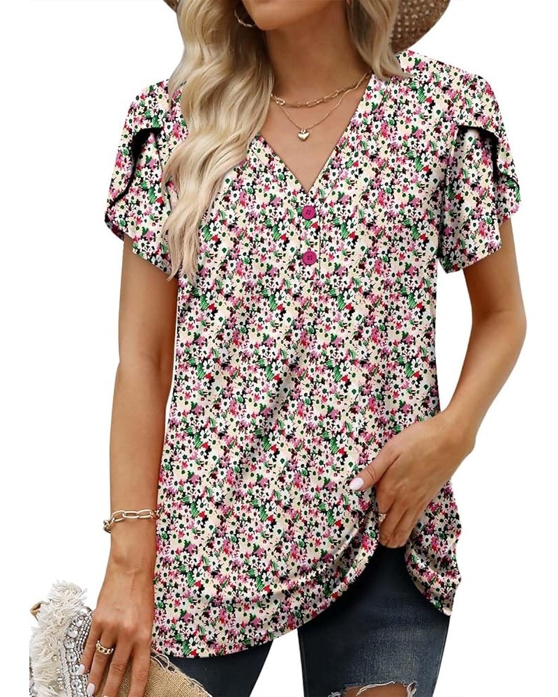 Womens Ruffle Sleeve Summer Tunic Tops V Neck Loose Fit Short Sleeve T Shirts F Petal Sleeve Pink Green $16.00 Tops