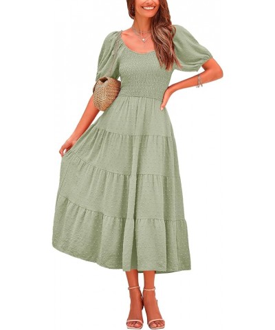 Women's Summer Casual Midi Dress Puff Sleeve Swiss Dot Long Flowy A Line Dresses Grey Green $26.49 Dresses