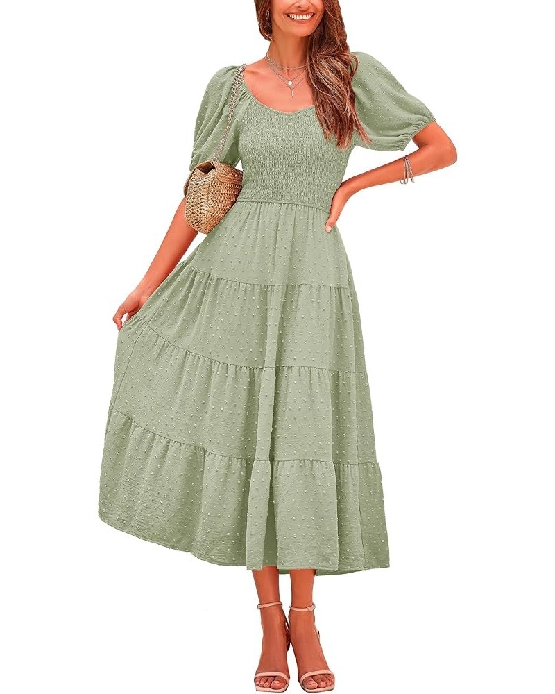 Women's Summer Casual Midi Dress Puff Sleeve Swiss Dot Long Flowy A Line Dresses Grey Green $26.49 Dresses