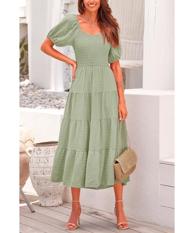 Women's Summer Casual Midi Dress Puff Sleeve Swiss Dot Long Flowy A Line Dresses Grey Green $26.49 Dresses