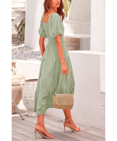 Women's Summer Casual Midi Dress Puff Sleeve Swiss Dot Long Flowy A Line Dresses Grey Green $26.49 Dresses