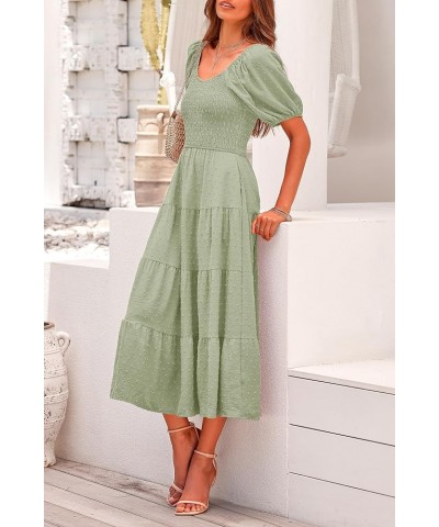 Women's Summer Casual Midi Dress Puff Sleeve Swiss Dot Long Flowy A Line Dresses Grey Green $26.49 Dresses