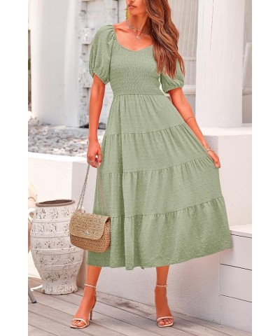 Women's Summer Casual Midi Dress Puff Sleeve Swiss Dot Long Flowy A Line Dresses Grey Green $26.49 Dresses