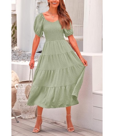 Women's Summer Casual Midi Dress Puff Sleeve Swiss Dot Long Flowy A Line Dresses Grey Green $26.49 Dresses