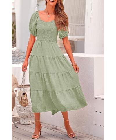 Women's Summer Casual Midi Dress Puff Sleeve Swiss Dot Long Flowy A Line Dresses Grey Green $26.49 Dresses