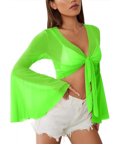 Rave Bell Mesh Crop Top for Women - 70s Long Sleeve Tie Front Sheer Shirt Ruffle Fairycore Blouse Festival Outfits Green $10....