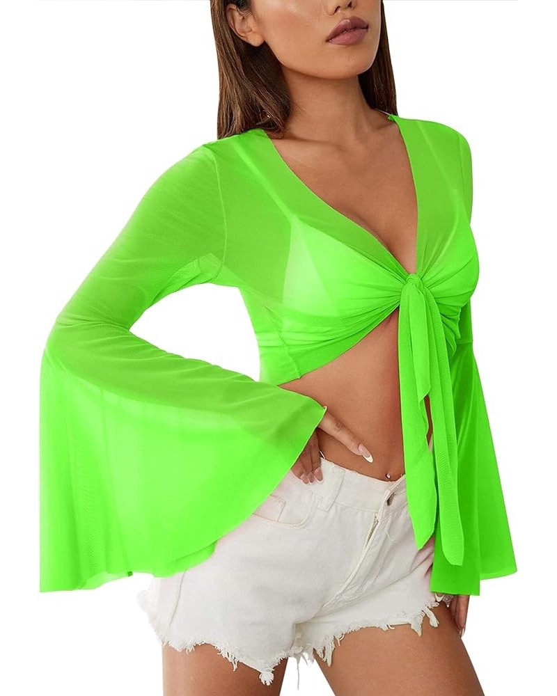 Rave Bell Mesh Crop Top for Women - 70s Long Sleeve Tie Front Sheer Shirt Ruffle Fairycore Blouse Festival Outfits Green $10....