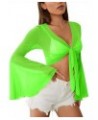 Rave Bell Mesh Crop Top for Women - 70s Long Sleeve Tie Front Sheer Shirt Ruffle Fairycore Blouse Festival Outfits Green $10....