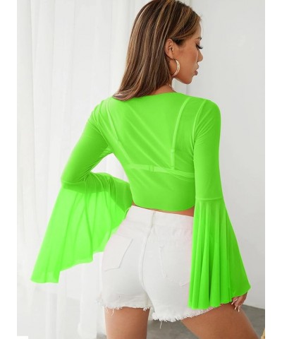 Rave Bell Mesh Crop Top for Women - 70s Long Sleeve Tie Front Sheer Shirt Ruffle Fairycore Blouse Festival Outfits Green $10....