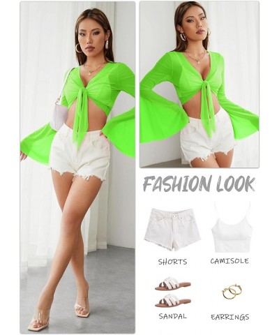 Rave Bell Mesh Crop Top for Women - 70s Long Sleeve Tie Front Sheer Shirt Ruffle Fairycore Blouse Festival Outfits Green $10....