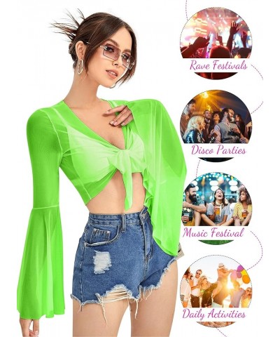 Rave Bell Mesh Crop Top for Women - 70s Long Sleeve Tie Front Sheer Shirt Ruffle Fairycore Blouse Festival Outfits Green $10....