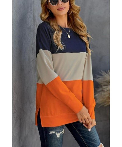 Womens Sweatshirt Long Sleeve CrewNeck Striped Pullover side split Tops A1-orange $16.20 Hoodies & Sweatshirts