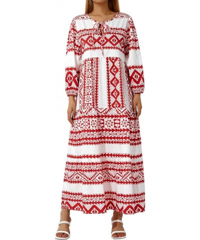 Women's Bohemian Puff Sleeve Maxi Dress V Neck Lace-Up Boho Printed Swing Long Dress Loose Tiered Beach Sundress White Red $1...