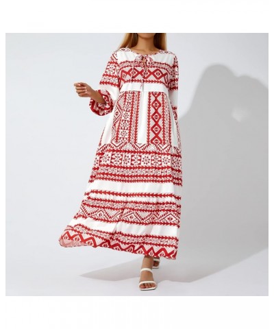 Women's Bohemian Puff Sleeve Maxi Dress V Neck Lace-Up Boho Printed Swing Long Dress Loose Tiered Beach Sundress White Red $1...