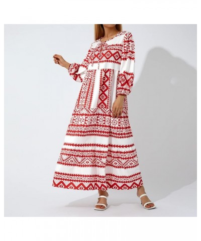 Women's Bohemian Puff Sleeve Maxi Dress V Neck Lace-Up Boho Printed Swing Long Dress Loose Tiered Beach Sundress White Red $1...