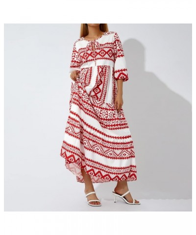 Women's Bohemian Puff Sleeve Maxi Dress V Neck Lace-Up Boho Printed Swing Long Dress Loose Tiered Beach Sundress White Red $1...