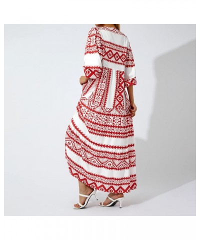 Women's Bohemian Puff Sleeve Maxi Dress V Neck Lace-Up Boho Printed Swing Long Dress Loose Tiered Beach Sundress White Red $1...