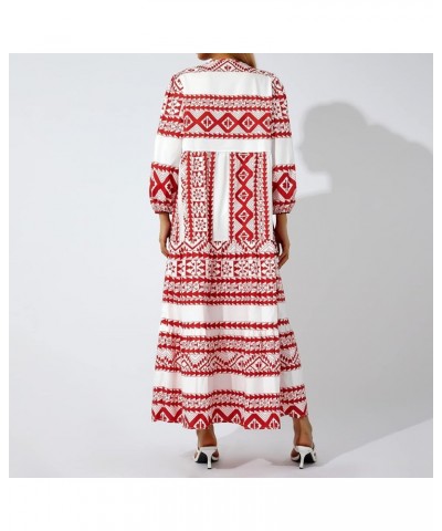 Women's Bohemian Puff Sleeve Maxi Dress V Neck Lace-Up Boho Printed Swing Long Dress Loose Tiered Beach Sundress White Red $1...