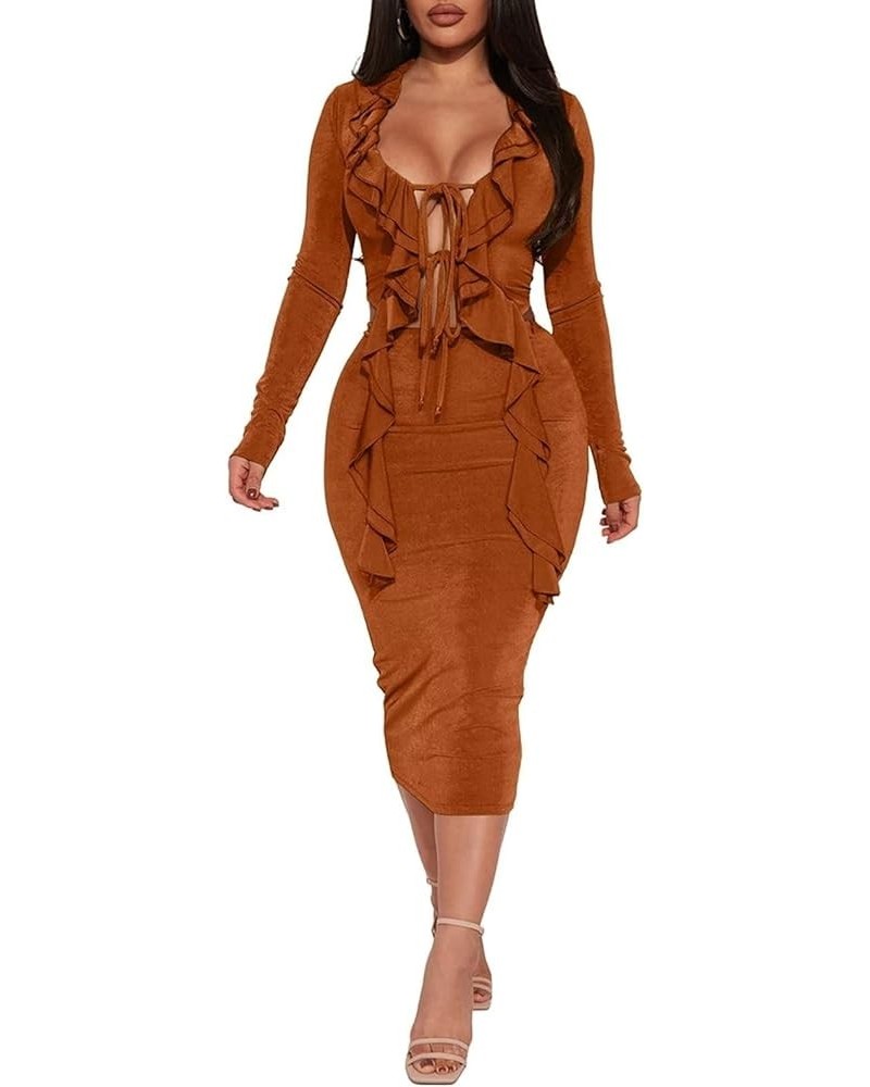 Women Sexy 2 Piece Outfits Tie Front Ruffle Long Sleeve Crop Top Bodycon Midi Skirt Set Q23s8460brown $20.39 Suits