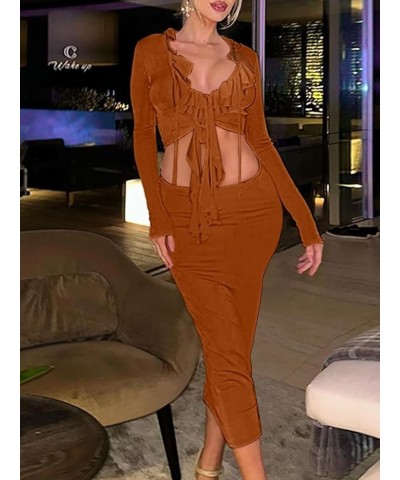 Women Sexy 2 Piece Outfits Tie Front Ruffle Long Sleeve Crop Top Bodycon Midi Skirt Set Q23s8460brown $20.39 Suits