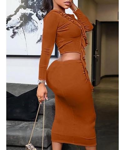 Women Sexy 2 Piece Outfits Tie Front Ruffle Long Sleeve Crop Top Bodycon Midi Skirt Set Q23s8460brown $20.39 Suits