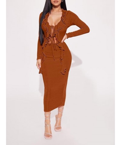 Women Sexy 2 Piece Outfits Tie Front Ruffle Long Sleeve Crop Top Bodycon Midi Skirt Set Q23s8460brown $20.39 Suits