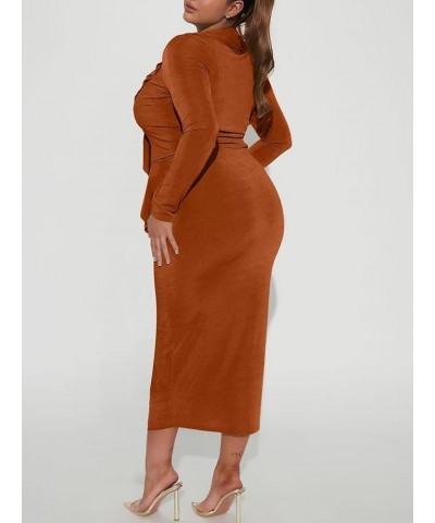 Women Sexy 2 Piece Outfits Tie Front Ruffle Long Sleeve Crop Top Bodycon Midi Skirt Set Q23s8460brown $20.39 Suits