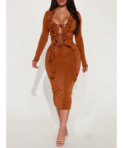 Women Sexy 2 Piece Outfits Tie Front Ruffle Long Sleeve Crop Top Bodycon Midi Skirt Set Q23s8460brown $20.39 Suits