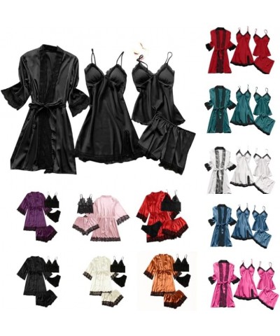 Womens Pajamas 4 Piece Pjs Sets Silk Satin Nightgown Lace Lingerie and Shorts Soft Sleepwear Lounge Set with Robe D-black $7....