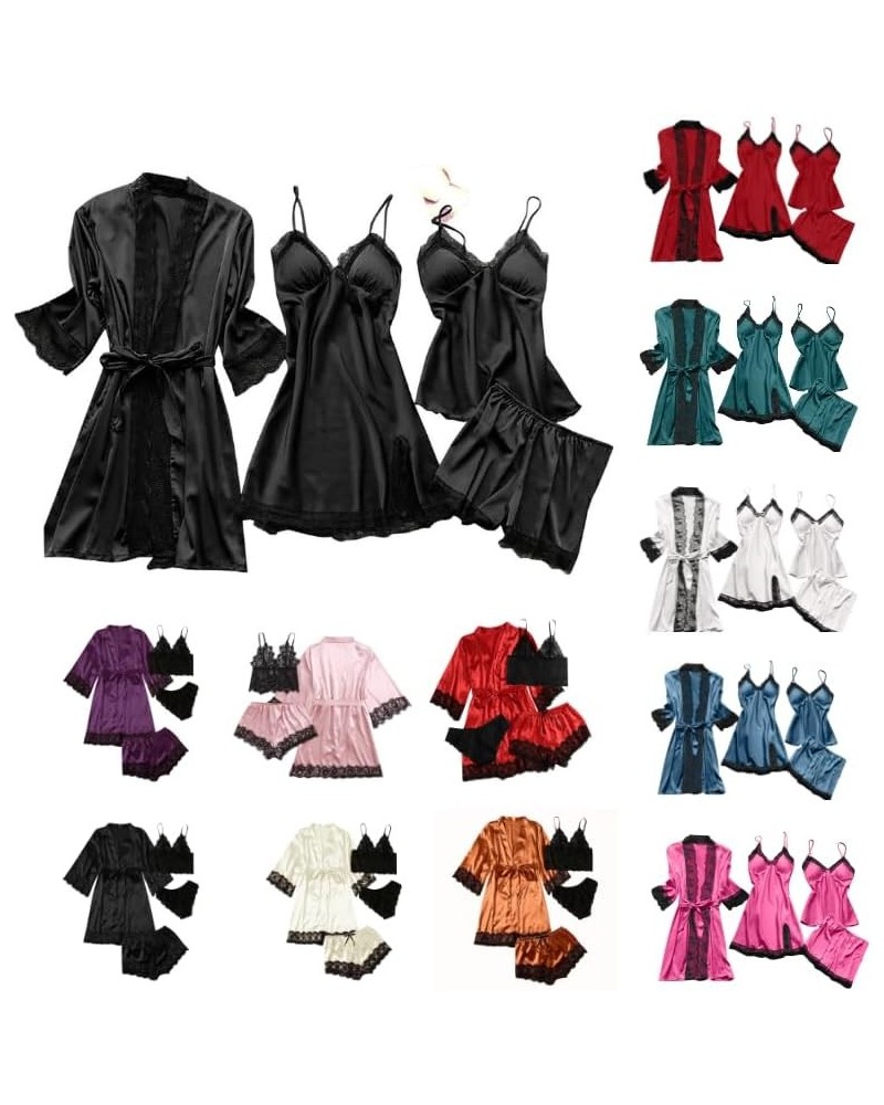 Womens Pajamas 4 Piece Pjs Sets Silk Satin Nightgown Lace Lingerie and Shorts Soft Sleepwear Lounge Set with Robe D-black $7....