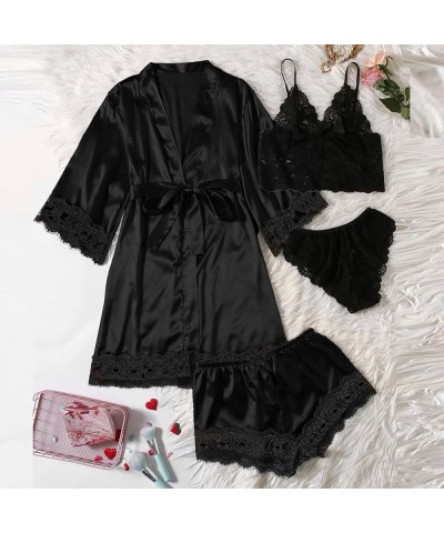 Womens Pajamas 4 Piece Pjs Sets Silk Satin Nightgown Lace Lingerie and Shorts Soft Sleepwear Lounge Set with Robe D-black $7....