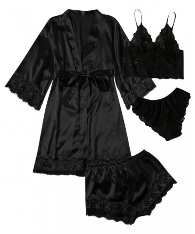 Womens Pajamas 4 Piece Pjs Sets Silk Satin Nightgown Lace Lingerie and Shorts Soft Sleepwear Lounge Set with Robe D-black $7....