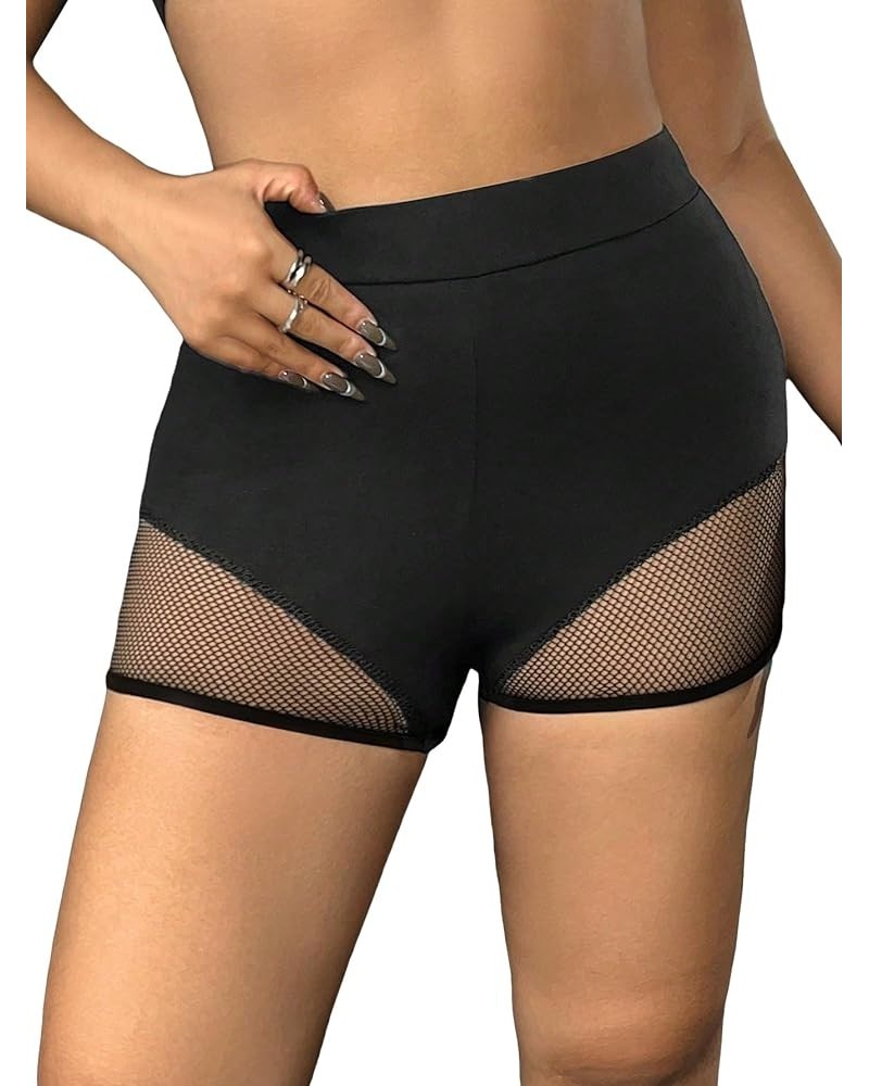 Women's Plus Size Mesh High Waist Ruched Shorts Party Skinny Fishnet Shorts Black $12.88 Shorts