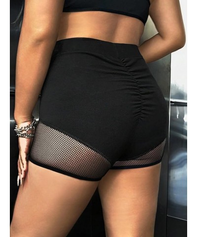 Women's Plus Size Mesh High Waist Ruched Shorts Party Skinny Fishnet Shorts Black $12.88 Shorts