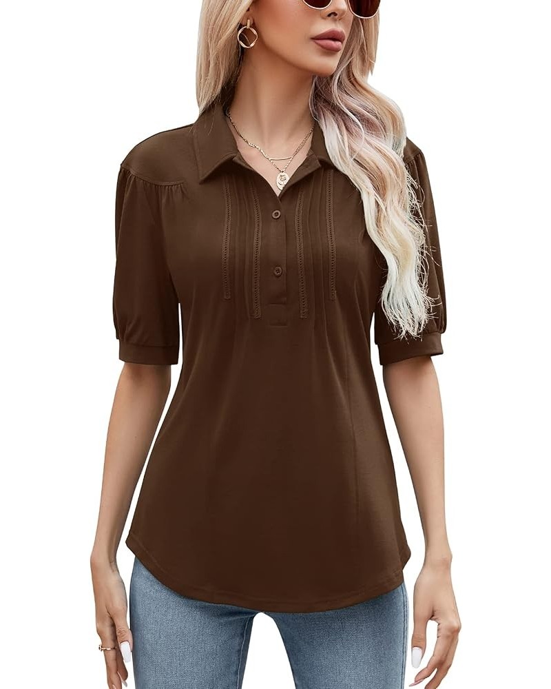 Womens Blouses Dressy Casual Short Sleeve Button Down Collared Polo Shirt Loose Tunic 2023 Summer Tops Brown $15.36 Shirts