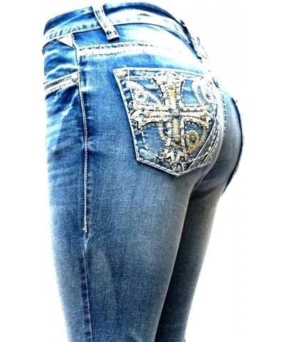 Jack David U-Cute Sweet Look Clash Jeans Women's Rhinestone Dark Wash Mid Rise Boot Cut/Skinny Denim Jean S1096-pb Blue Bootc...