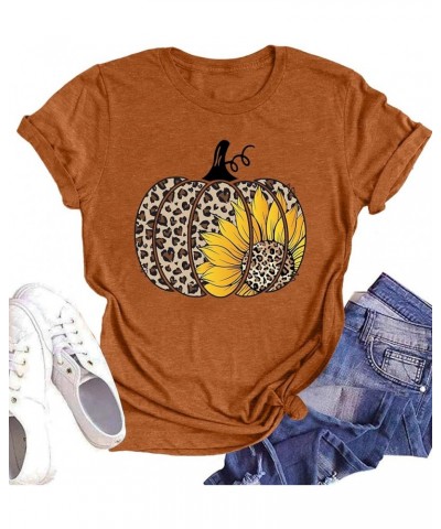 Halloween Pumpkin Shirt Women Leopard Graphic Tees Short Sleeve Fall T-Shirt Thanksgiving Gift Tops Brown6 $12.25 T-Shirts